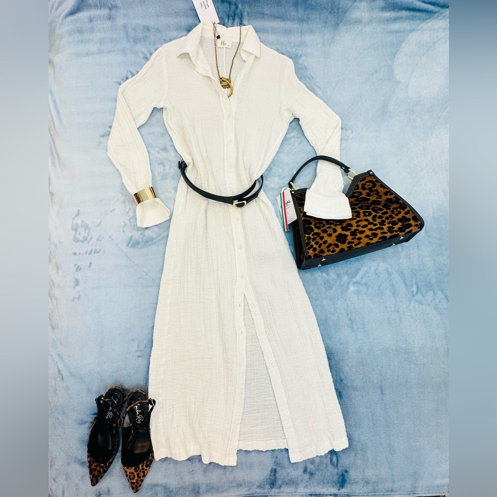 White Button-Front Maxi Dress - Elegant Shirt Dress